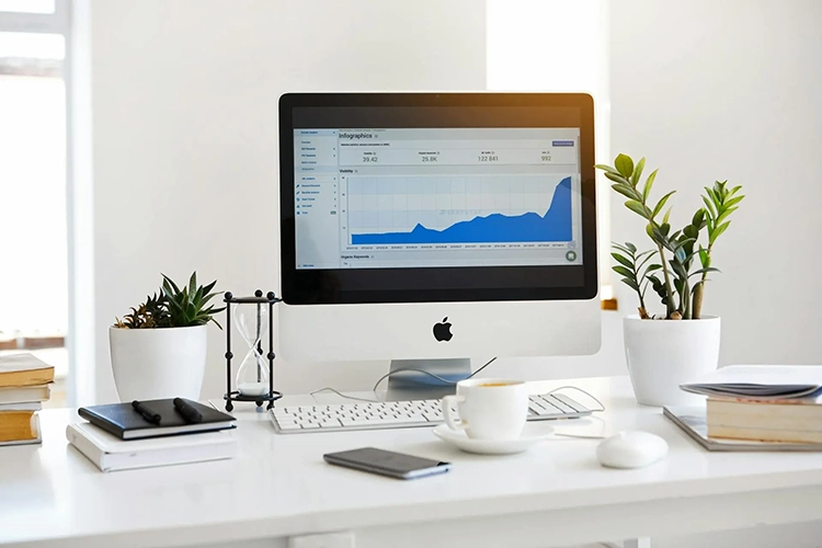 Modern Office With Montitor Displaying Web Analytics